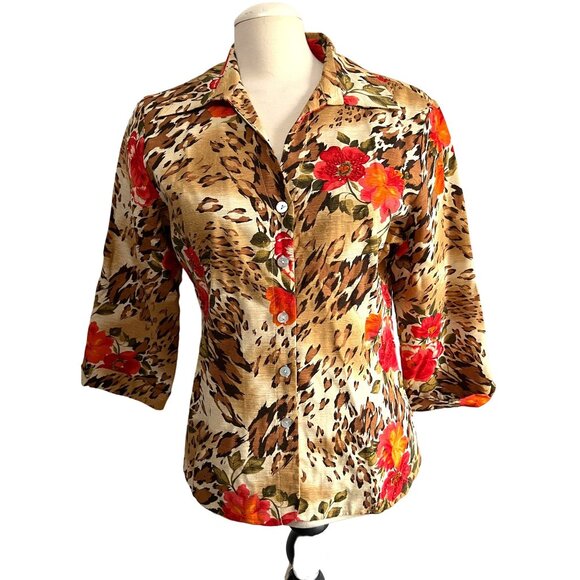 Vintage Silk Land Beaded Floral Button Down Sil Shirt Sz L Cheetah Print & Flora - Picture 5 of 11